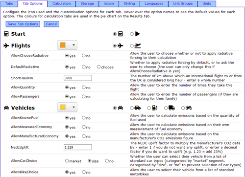 Custom Carbon Calculator Control Panel - Tab Options