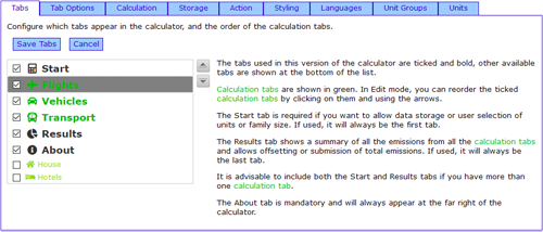 Custom Carbon Calculator Control Panel - Tabs